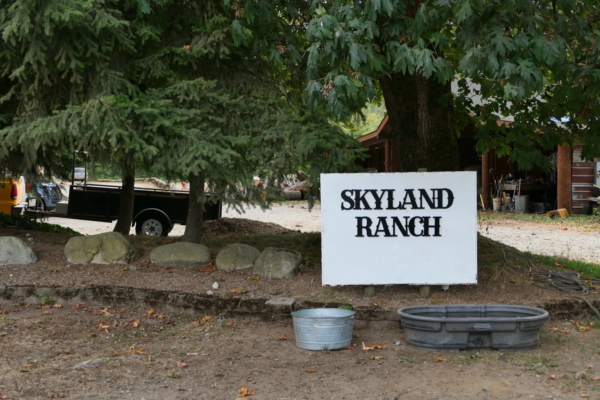 The Skyland Ranch sign under the evergreens at the entrance to the property